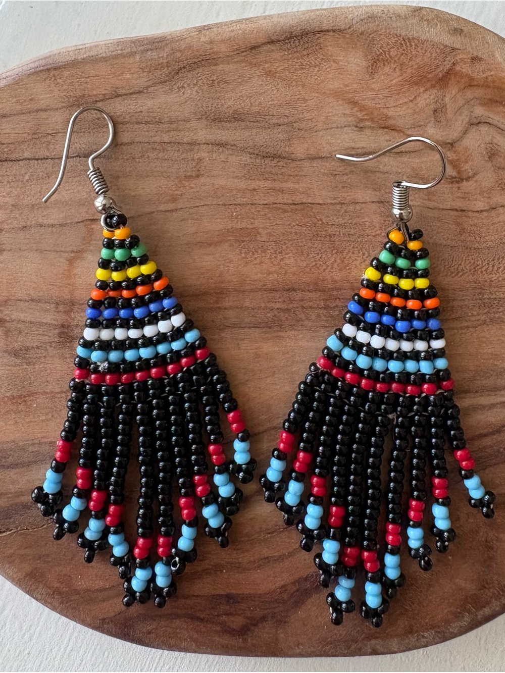 Black Multicolor Beaded Fringe Earrings